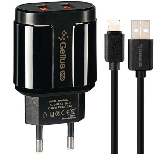 Сетевое зарядное устройство Gelius Avangard GP-HC06 2USB 2.4A 12W + кабель Lightning Black