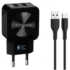 Мережевий зарядний пристрій Gelius Prime GU-HC02 2USB 2.1A 12W + кабель Type-C Black