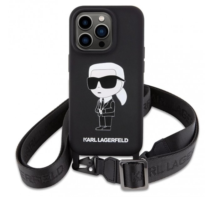 Чехол Karl Lagerfeld Crossbody Silicone Ikonik для iPhone 15 Pro Black (KLHCP15LSCBSKNK)