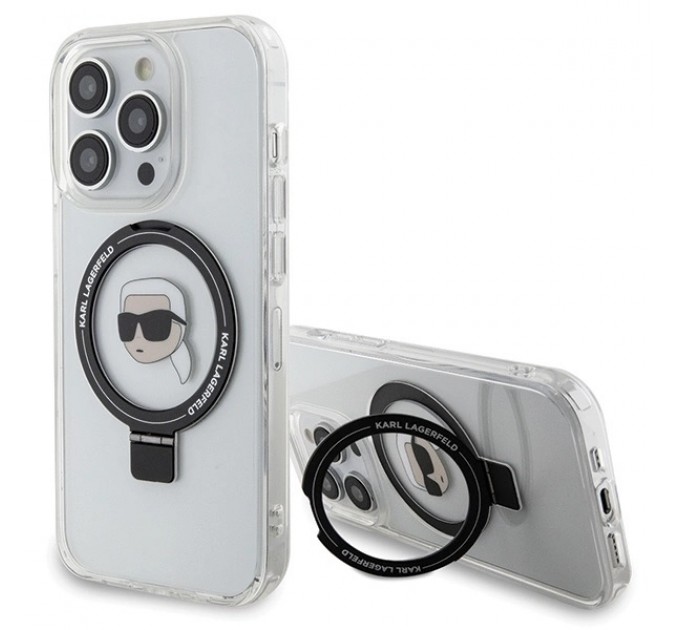 Чехол Karl Lagerfeld Ring Stand Karl Head для iPhone 15 Pro White with MagSafe (KLHMP15LHMRSKHH)