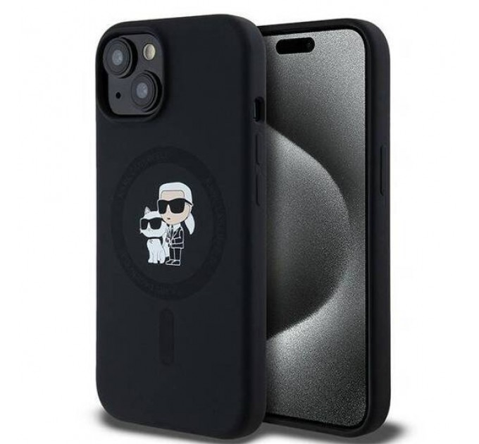 Чехол Karl Lagerfeld Silicone Karl & Choupette Ring для iPhone 15|14|13 Black with MagSafe (KLHMP15SSCMKCRHK)