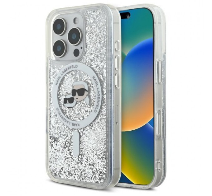 Чехол Karl Lagerfeld Liquid Glitter Karl & Choupette Head для iPhone 16 Pro Transparent with MagSafe (KLHMP16LLGKCSGH)