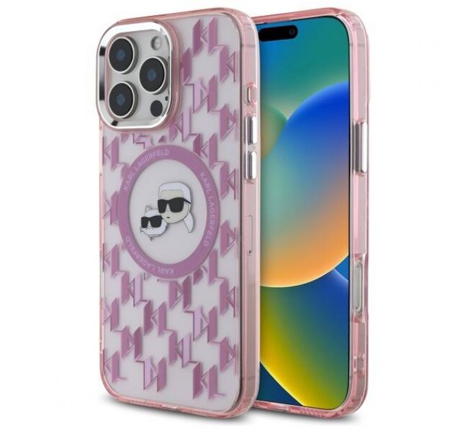 Чехол Karl Lagerfeld IML Monogram Karl & Choupette Head для iPhone 16 Pro Pink with MagSafe (KLHMP16LHMCKMHP)