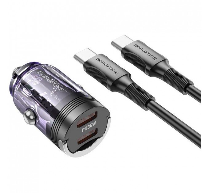 Автомобильное зарядное устройство Borofone BZ29B PD36W + Type-C to Type-C Transparent Purple