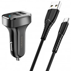 Автомобільний зарядний пристрій Usams-NT U35 Type-C Charging Cable 1M Black + C13 2.1A Dual USB