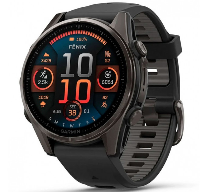 Смарт-часы Garmin Fenix 8 43mm AMOLED Sapphire Carbon Gray DLC Titanium Bezel with Black/Pebble Gray Silicone Band (010-02903-20/21/28)