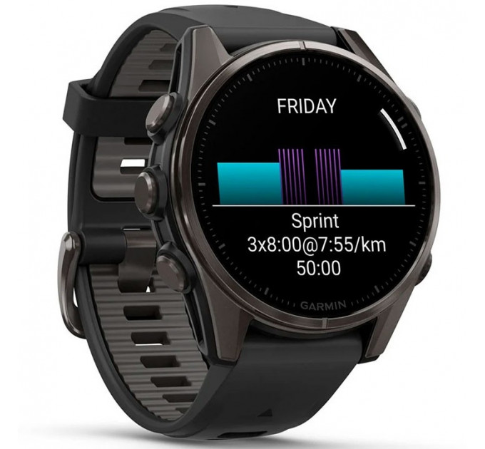 Смарт-часы Garmin Fenix 8 43mm AMOLED Sapphire Carbon Gray DLC Titanium Bezel with Black/Pebble Gray Silicone Band (010-02903-20/21/28)